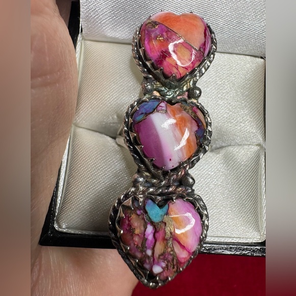 Ring Spiny Oyster Triple Heart Turquoise Prong Set Colorful Southwestern - Picture 3 of 10